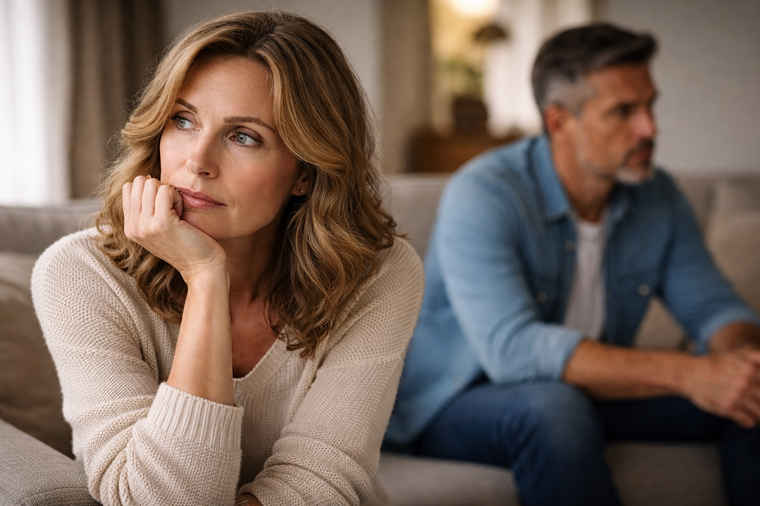 mulher pensativa em primeiro plano enquanto homem aparece ao fundo, representando dúvida entre amor e medo no relacionamento