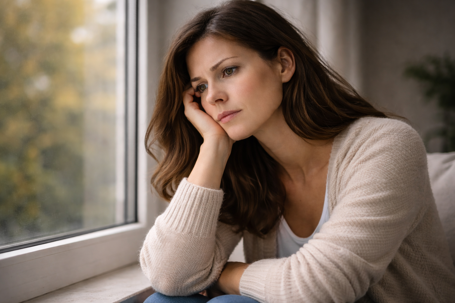 mulher pensativa olhando pela janela refletindo sobre medo no relacionamento