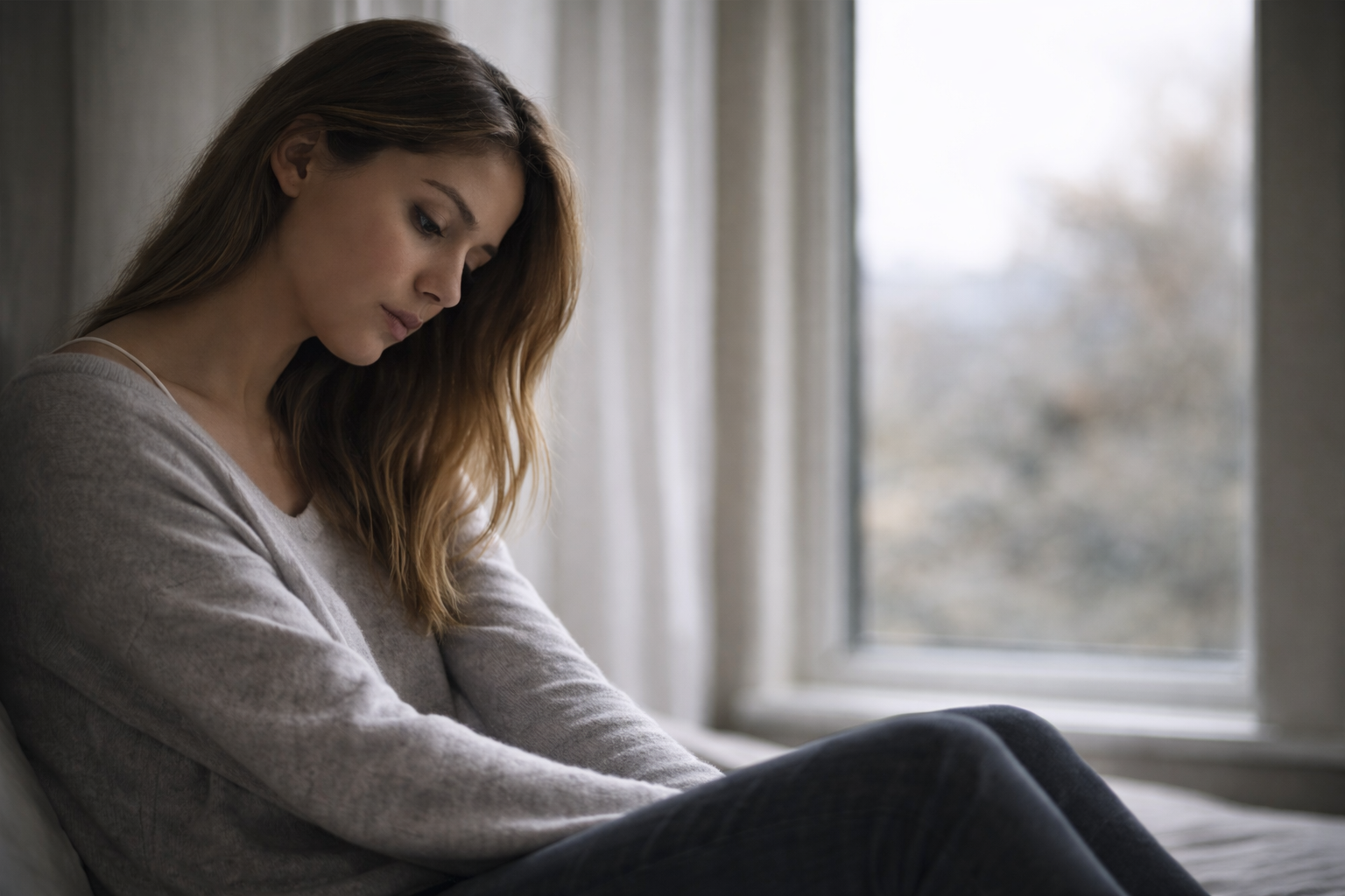 mulher pensativa olhando para baixo, representando vazio emocional e desconexão de si